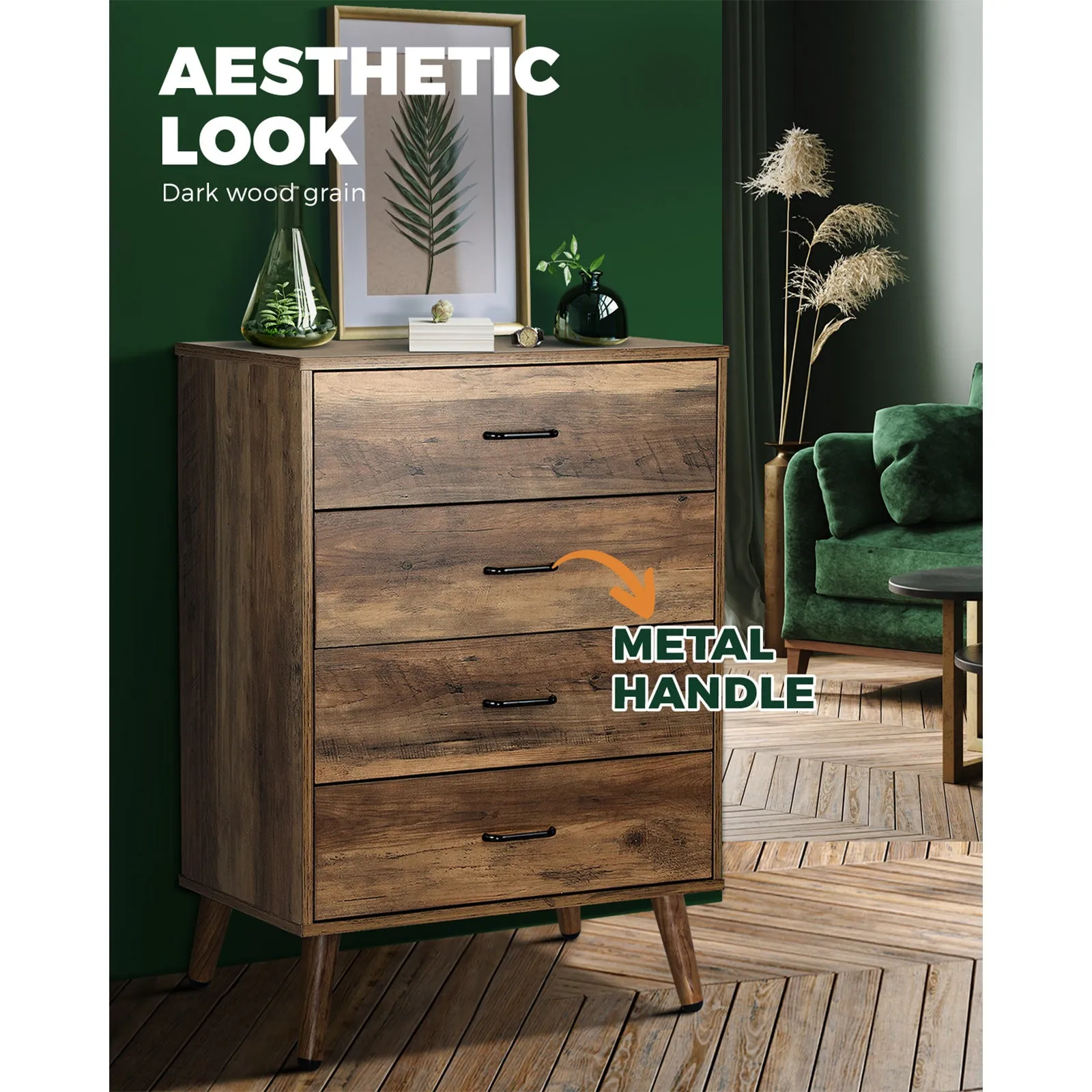 Oikiture 4 Chest of Drawers Storage Cabinet Tallboy Dresser Furniture Wooden