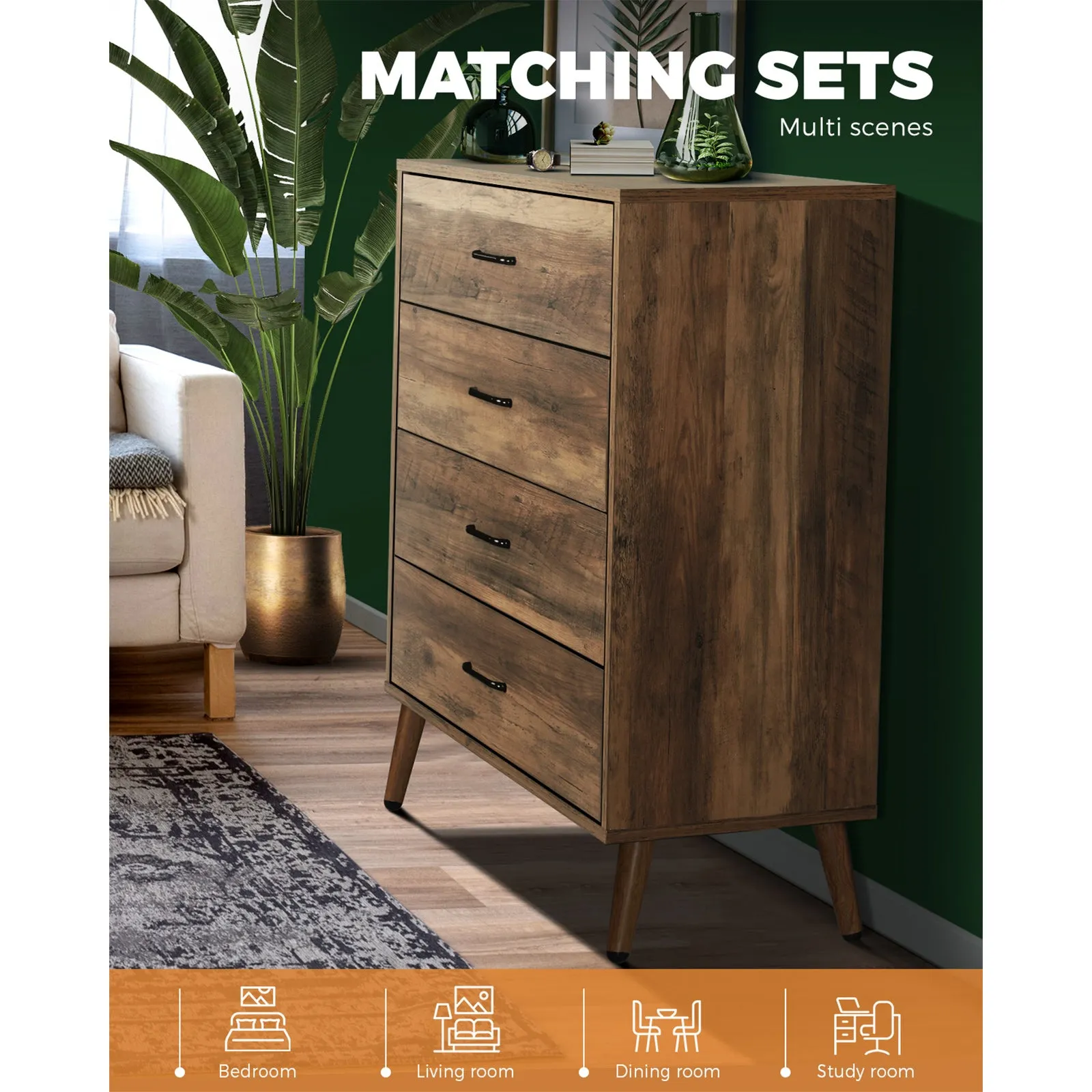 Oikiture 4 Chest of Drawers Storage Cabinet Tallboy Dresser Furniture Wooden