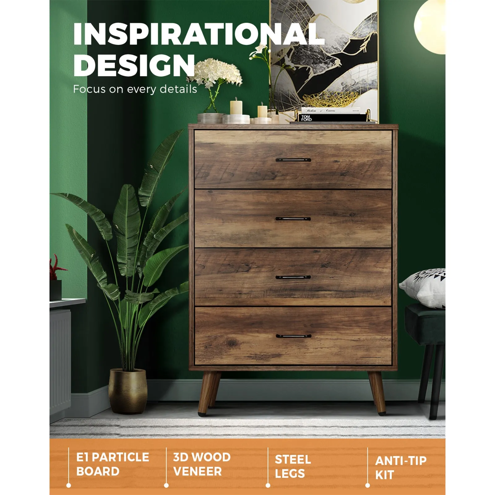 Oikiture 4 Chest of Drawers Storage Cabinet Tallboy Dresser Furniture Wooden