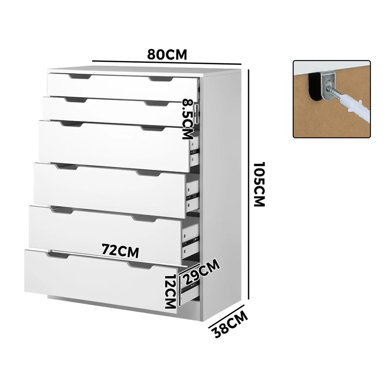 Oikiture 6 Chest of Drawers Tallboy Cabinet Bedroom Clothes White Furniture