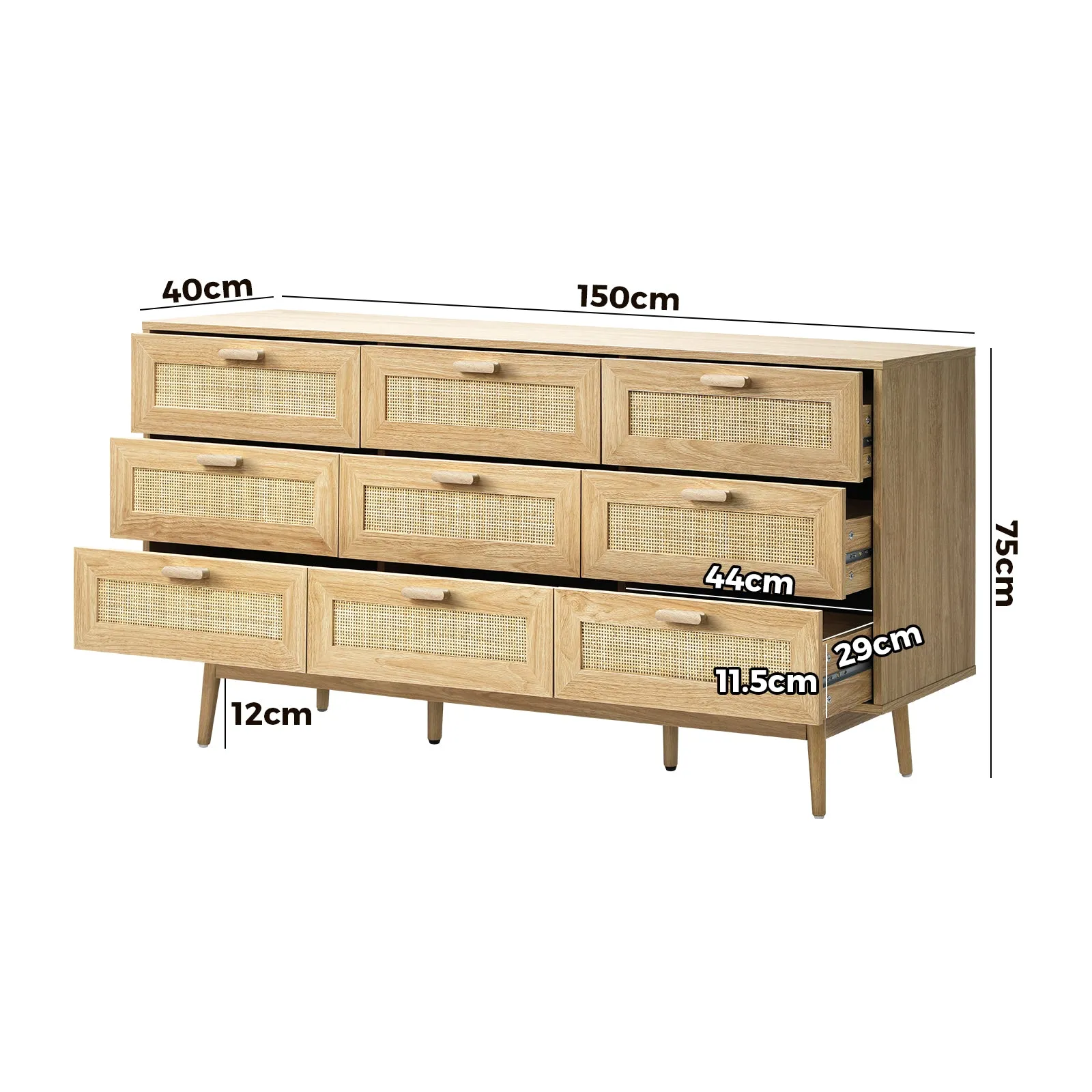 Oikiture 9 Chest of Drawers Dresser Rattan Storage Cabinet Lowboy Bedroom Wooden