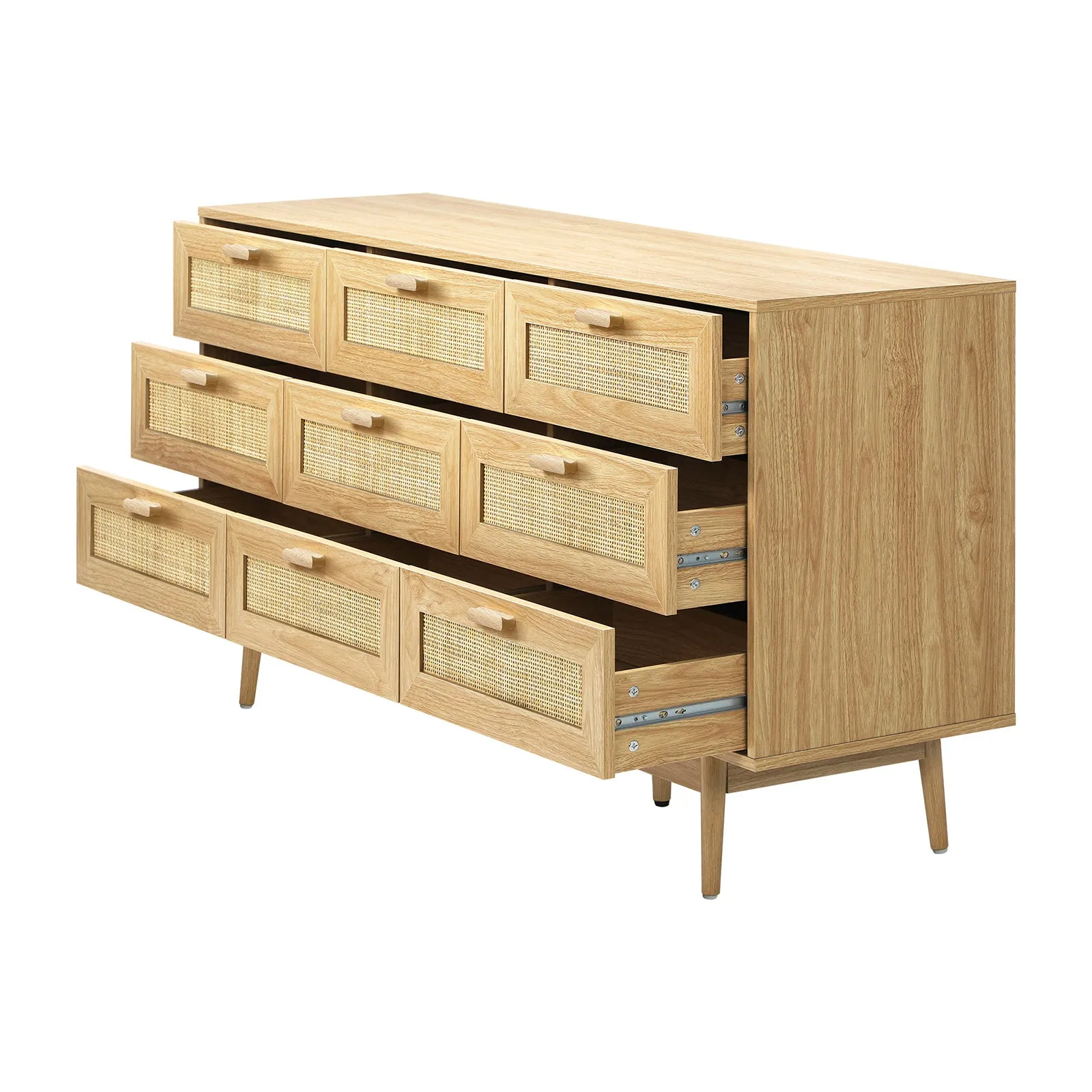 Oikiture 9 Chest of Drawers Dresser Rattan Storage Cabinet Lowboy Bedroom Wooden