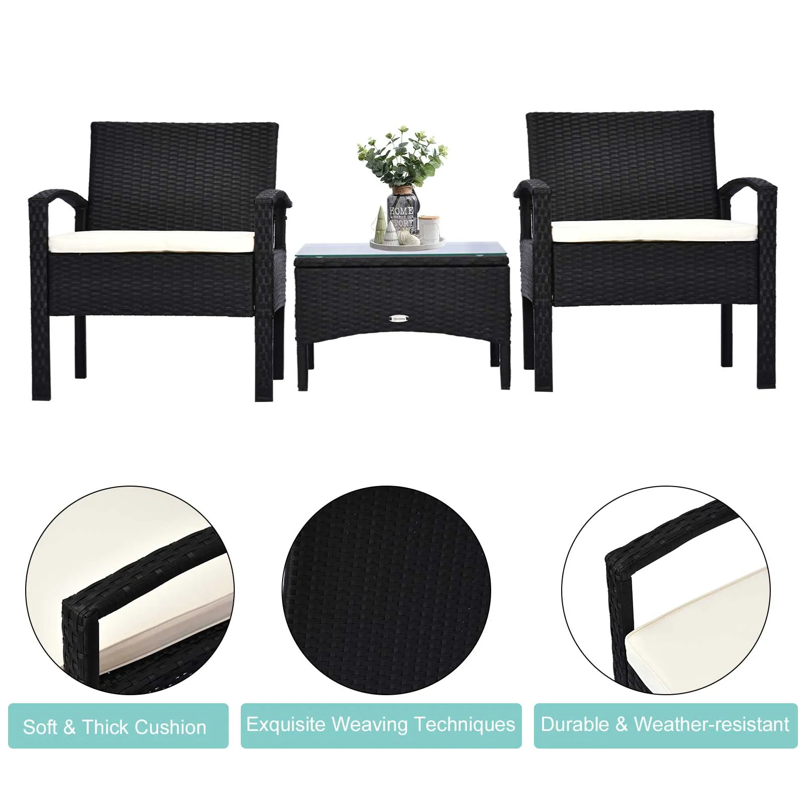 Outsunny 3 Pieces Outdoor Rattan Bistro Set, Patio Wicker Balcony Furniture, Conservatory Sofa Sets w/ Coffee Table and Cushioned Chair, Black