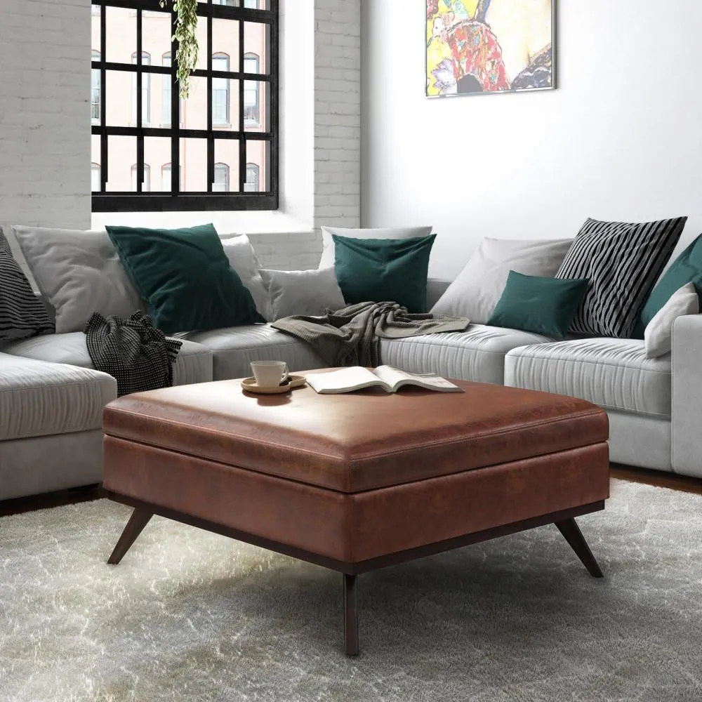 Owen XL Square Coffee Table Storage Ottoman in Distressed Vegan Leather