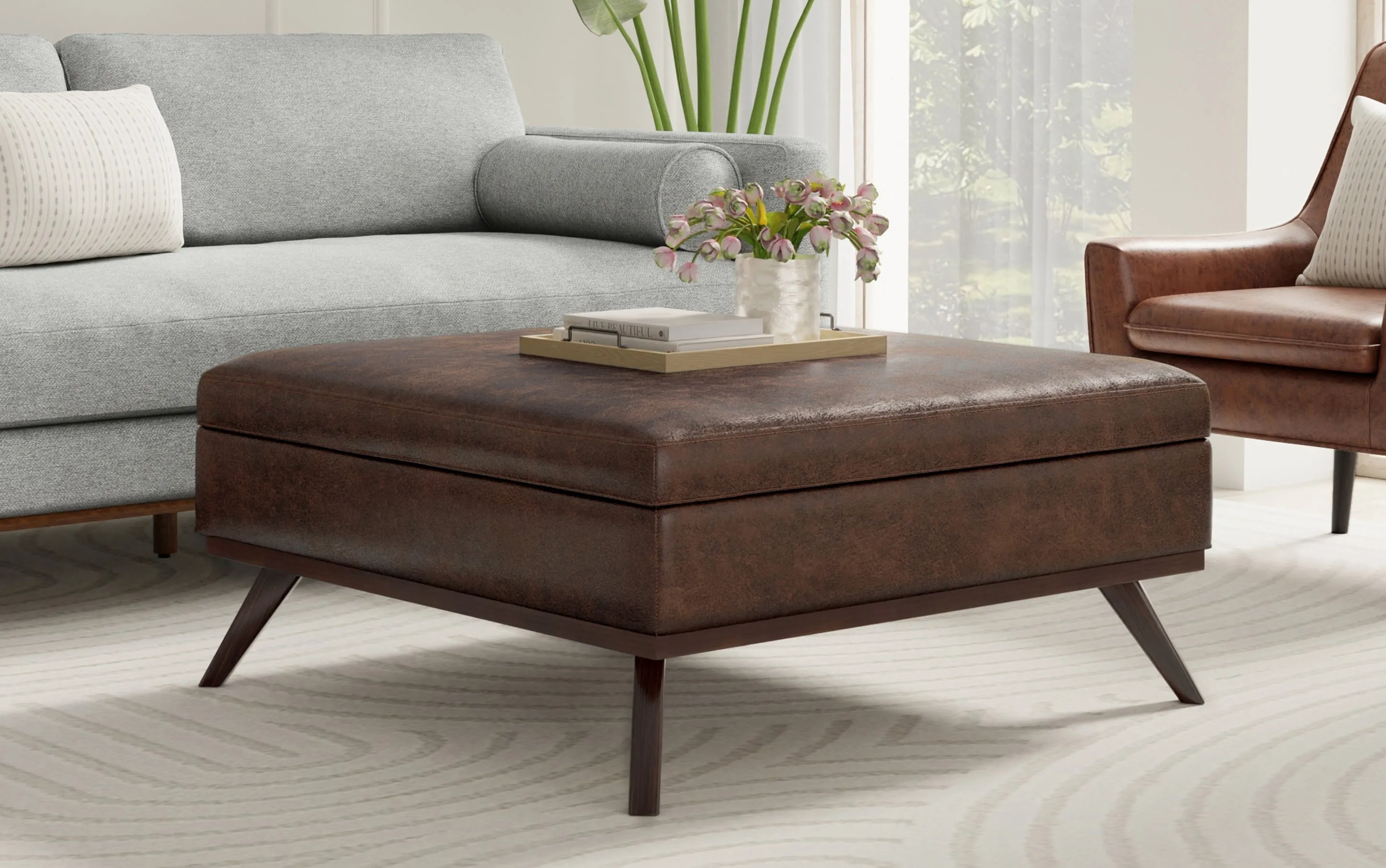 Owen XL Square Coffee Table Storage Ottoman in Distressed Vegan Leather