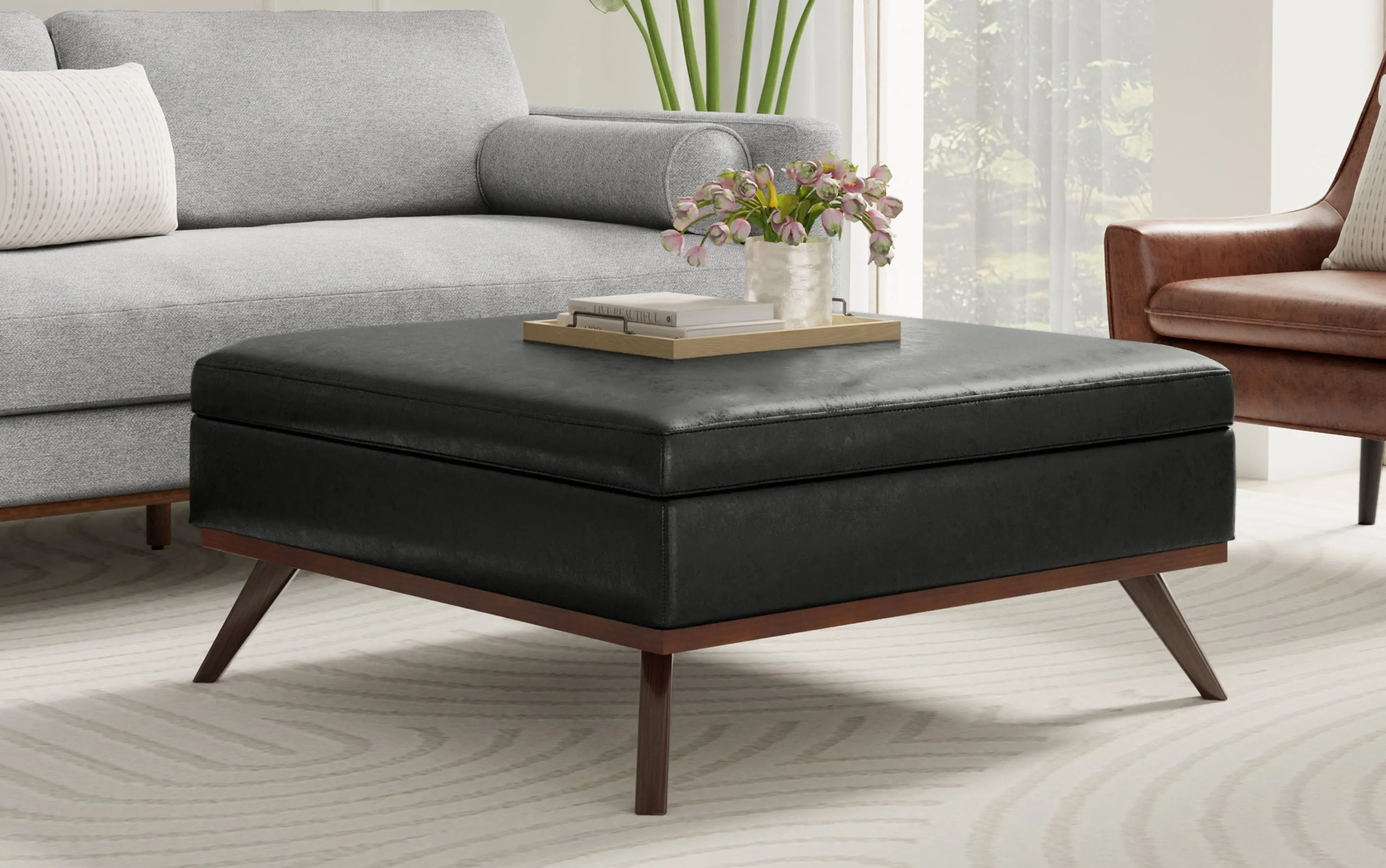 Owen XL Square Coffee Table Storage Ottoman in Distressed Vegan Leather