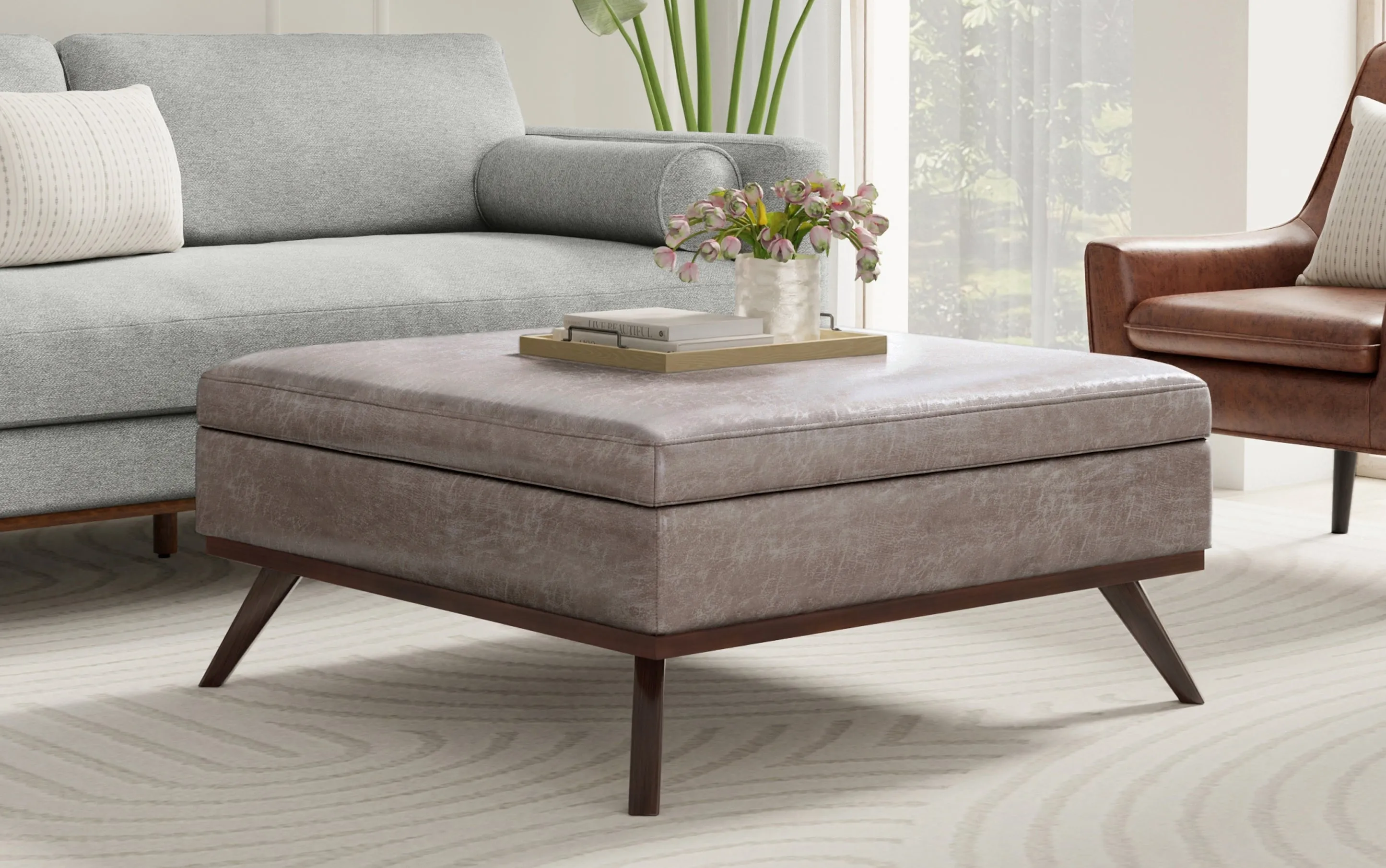 Owen XL Square Coffee Table Storage Ottoman in Distressed Vegan Leather