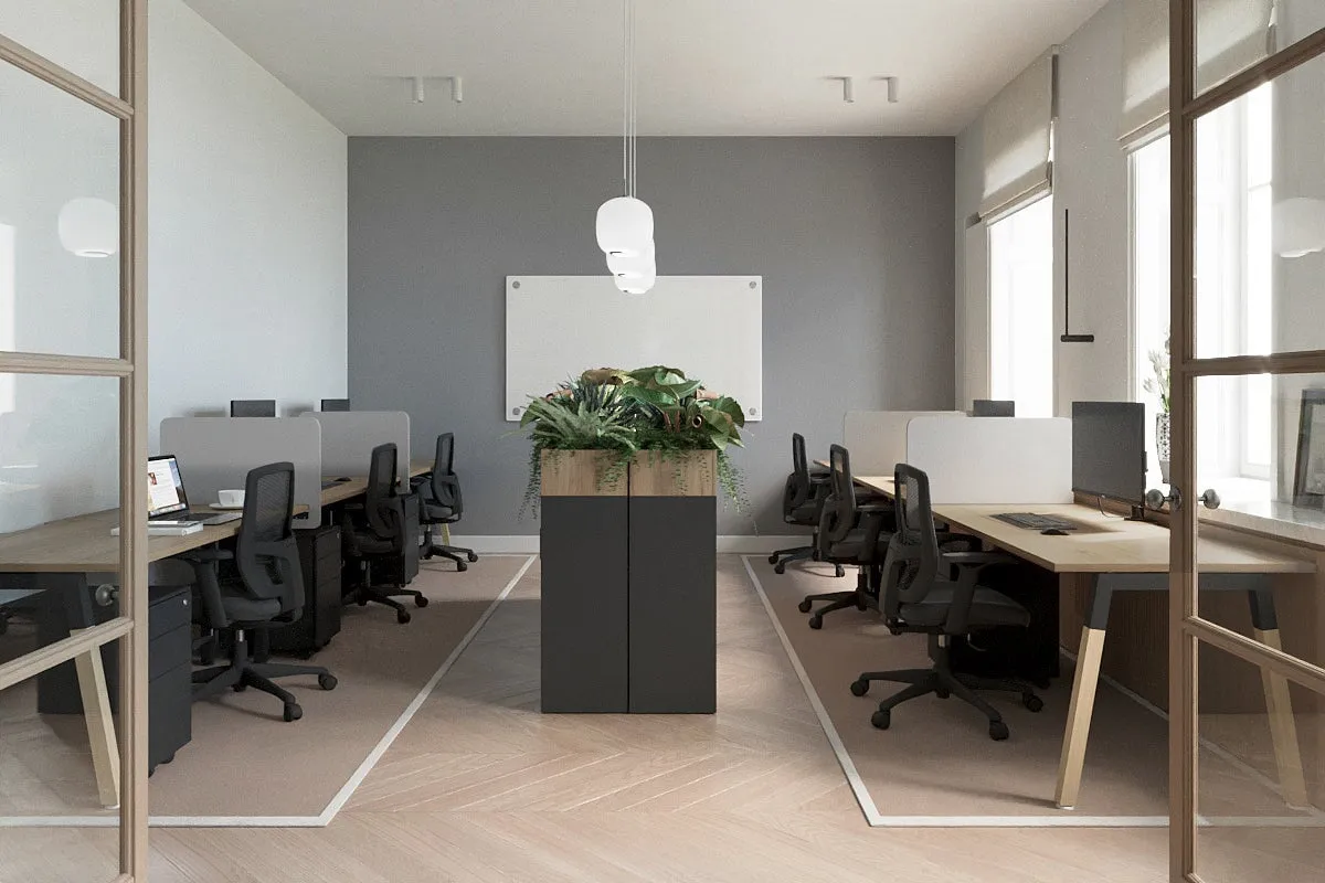 Quadro A Legs 3 Person Run Office Workstation - Wood Legs Cross Beam [1400L x 800W with Cable Scallop]