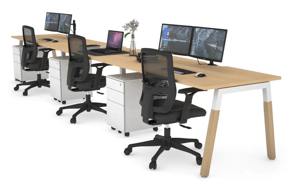 Quadro A Legs 3 Person Run Office Workstation - Wood Legs Cross Beam [1400L x 800W with Cable Scallop]