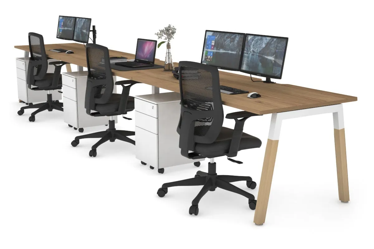 Quadro A Legs 3 Person Run Office Workstation - Wood Legs Cross Beam [1400L x 800W with Cable Scallop]