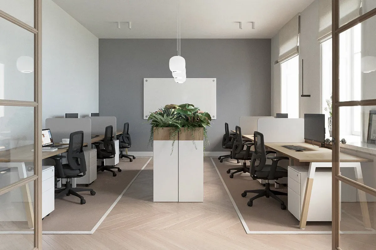 Quadro A Legs 3 Person Run Office Workstation - Wood Legs Cross Beam [1400L x 800W with Cable Scallop]
