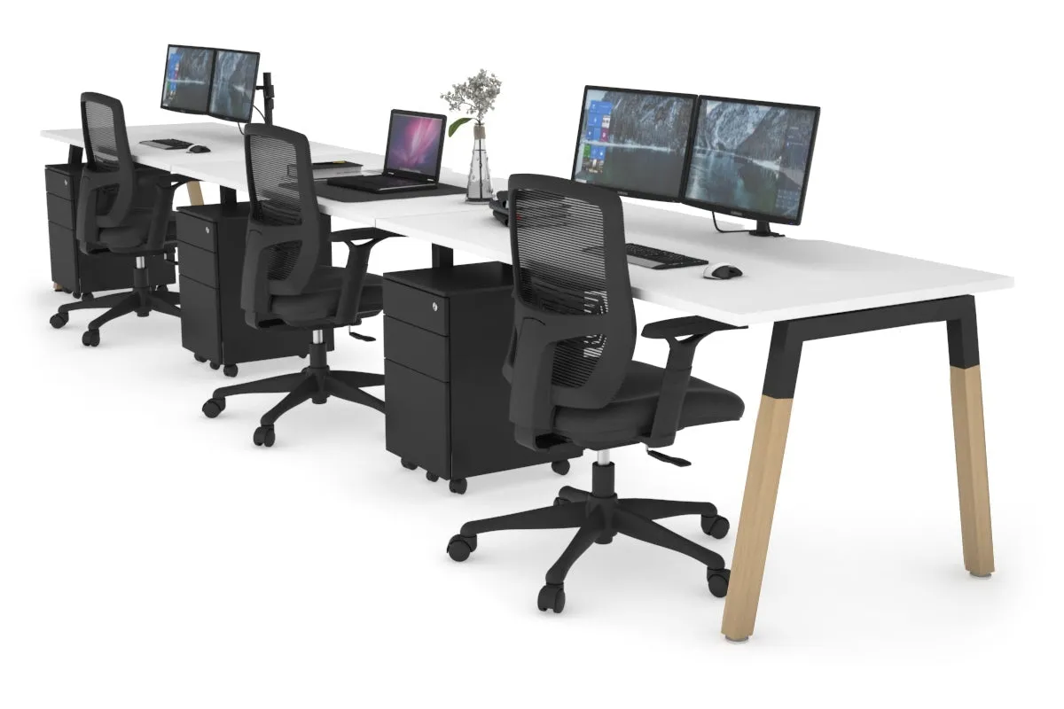 Quadro A Legs 3 Person Run Office Workstation - Wood Legs Cross Beam [1400L x 800W with Cable Scallop]