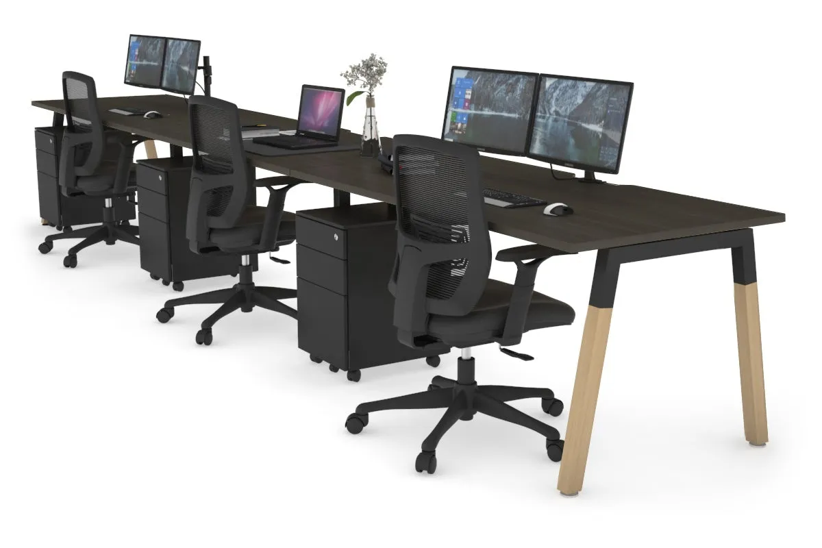 Quadro A Legs 3 Person Run Office Workstation - Wood Legs Cross Beam [1400L x 800W with Cable Scallop]