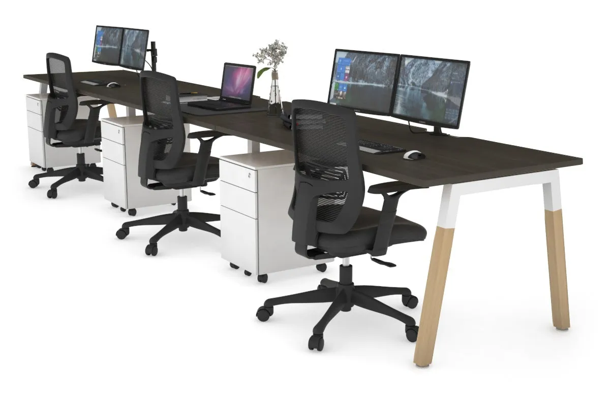 Quadro A Legs 3 Person Run Office Workstation - Wood Legs Cross Beam [1400L x 800W with Cable Scallop]