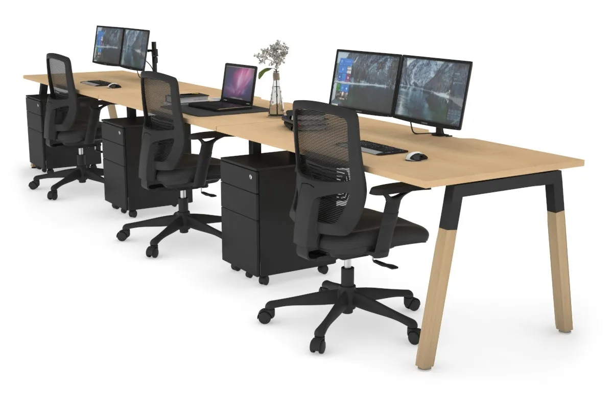 Quadro A Legs 3 Person Run Office Workstation - Wood Legs Cross Beam [1400L x 800W with Cable Scallop]