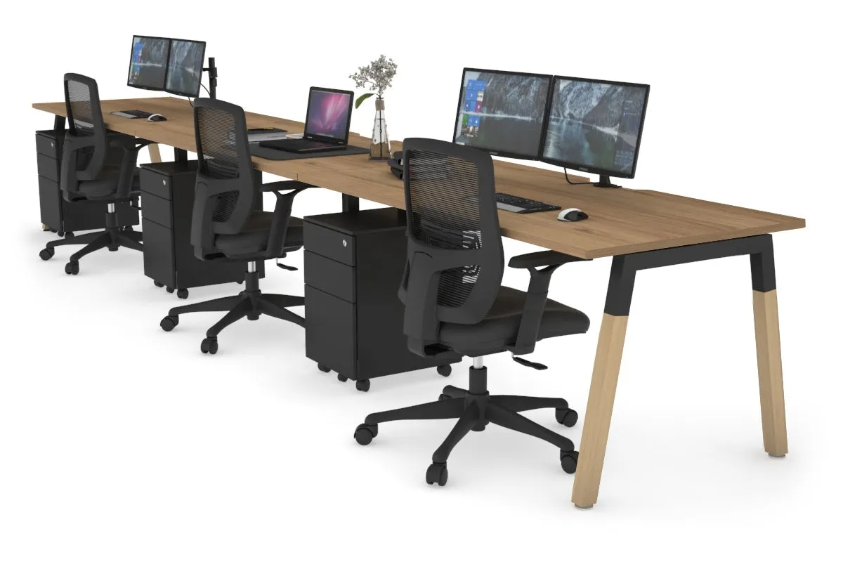 Quadro A Legs 3 Person Run Office Workstation - Wood Legs Cross Beam [1400L x 800W with Cable Scallop]