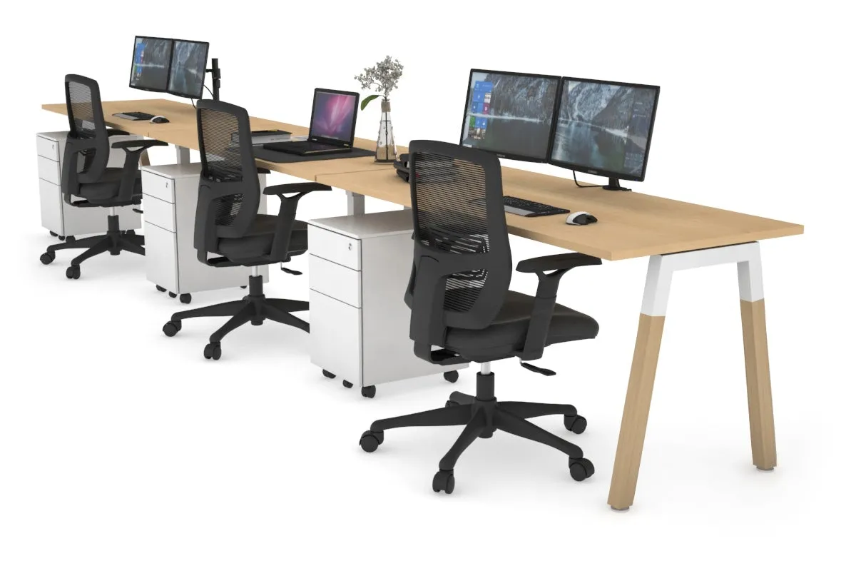 Quadro A Legs 3 Person Run Office Workstation - Wood Legs Cross Beam [1800L x 700W]