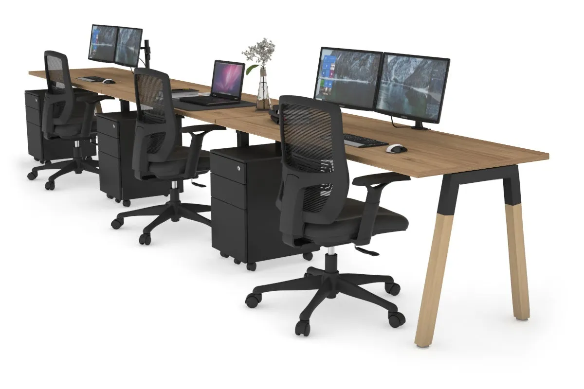 Quadro A Legs 3 Person Run Office Workstation - Wood Legs Cross Beam [1800L x 700W]