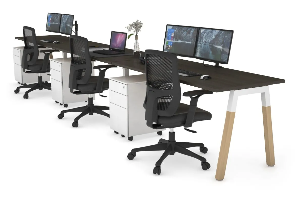 Quadro A Legs 3 Person Run Office Workstation - Wood Legs Cross Beam [1800L x 700W]