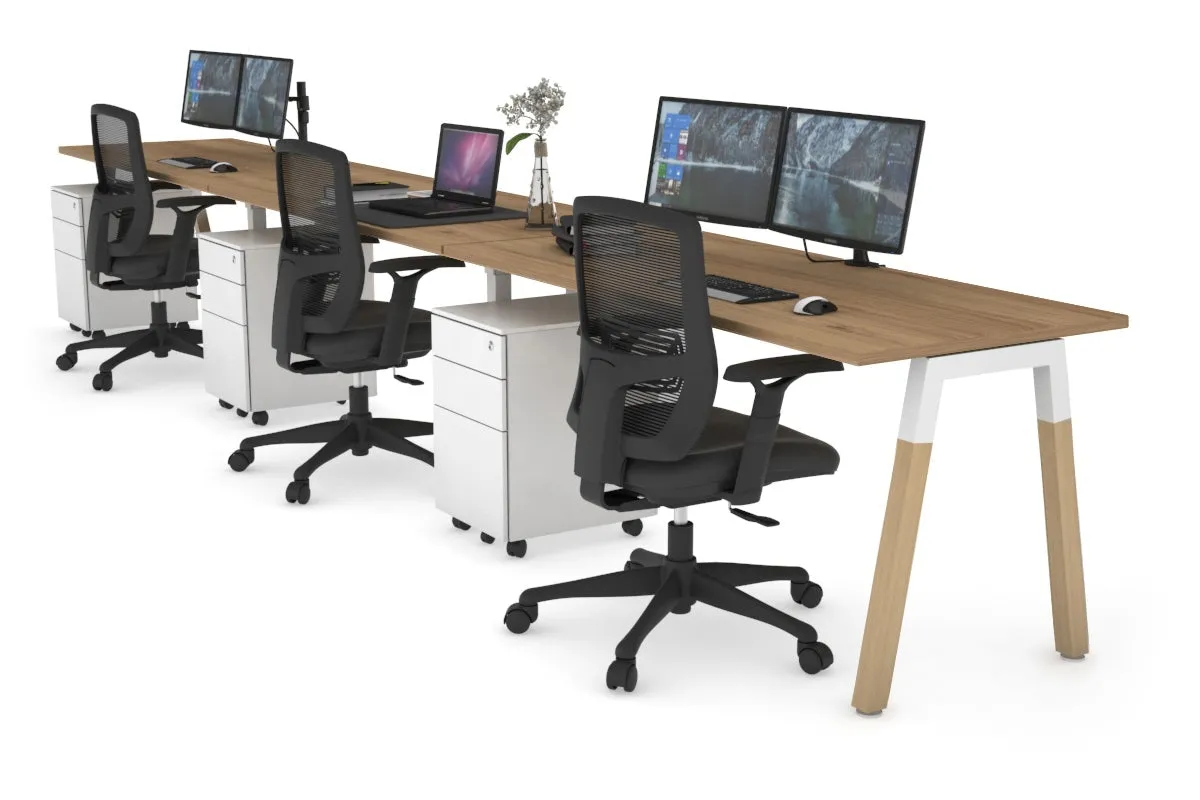 Quadro A Legs 3 Person Run Office Workstation - Wood Legs Cross Beam [1800L x 700W]