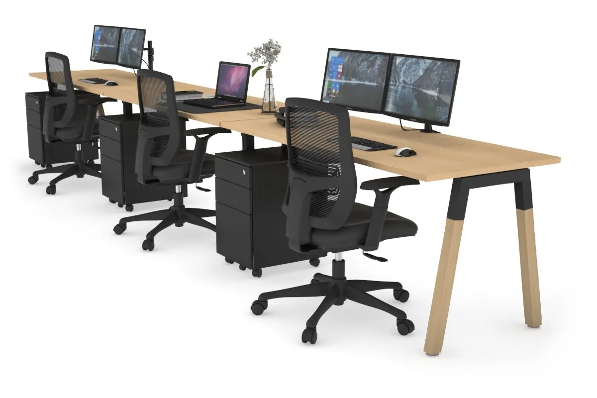 Quadro A Legs 3 Person Run Office Workstation - Wood Legs Cross Beam [1800L x 700W]
