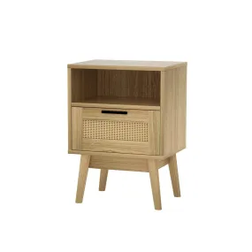 Rattan Bedside Table with 1 Drawer and Shelf - Oak