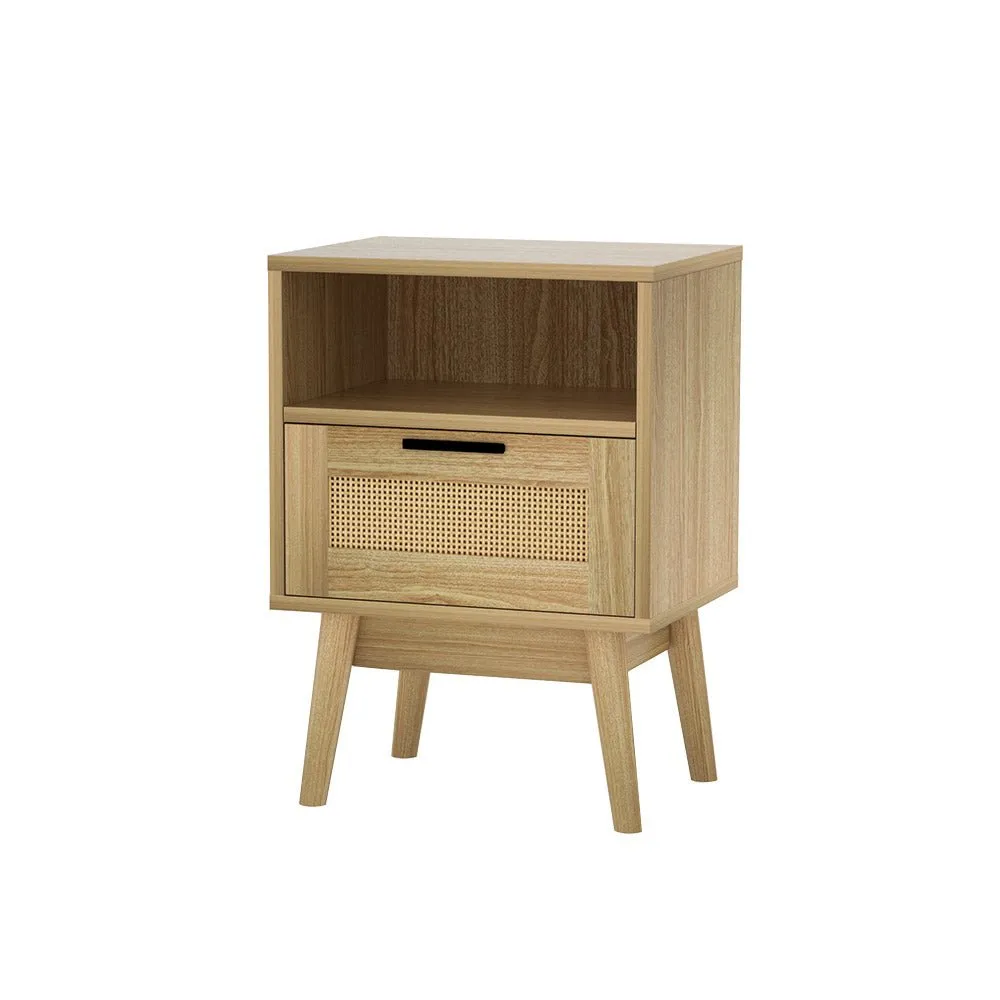 Rattan Bedside Table with 1 Drawer and Shelf - Oak