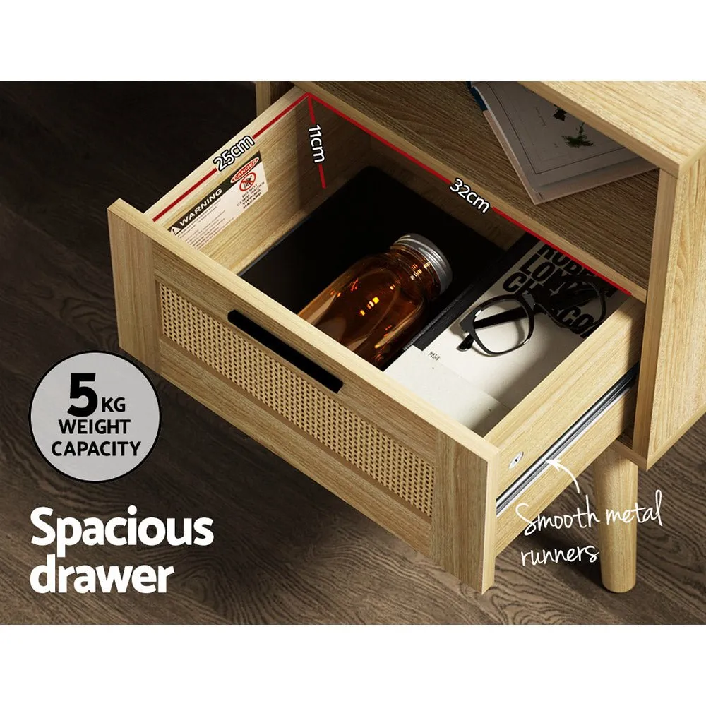 Rattan Bedside Table with 1 Drawer and Shelf - Oak