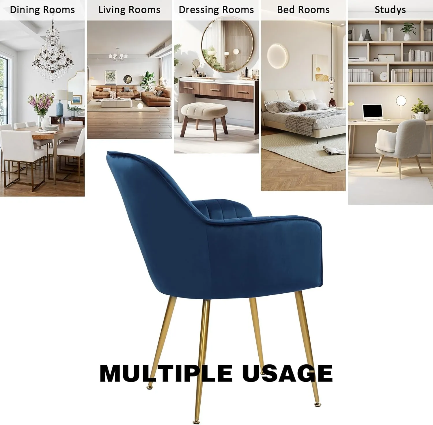 Set of 2 Velvet Dinning Chairs  Gold Plating Legs for Living Room Chairs(Blue)