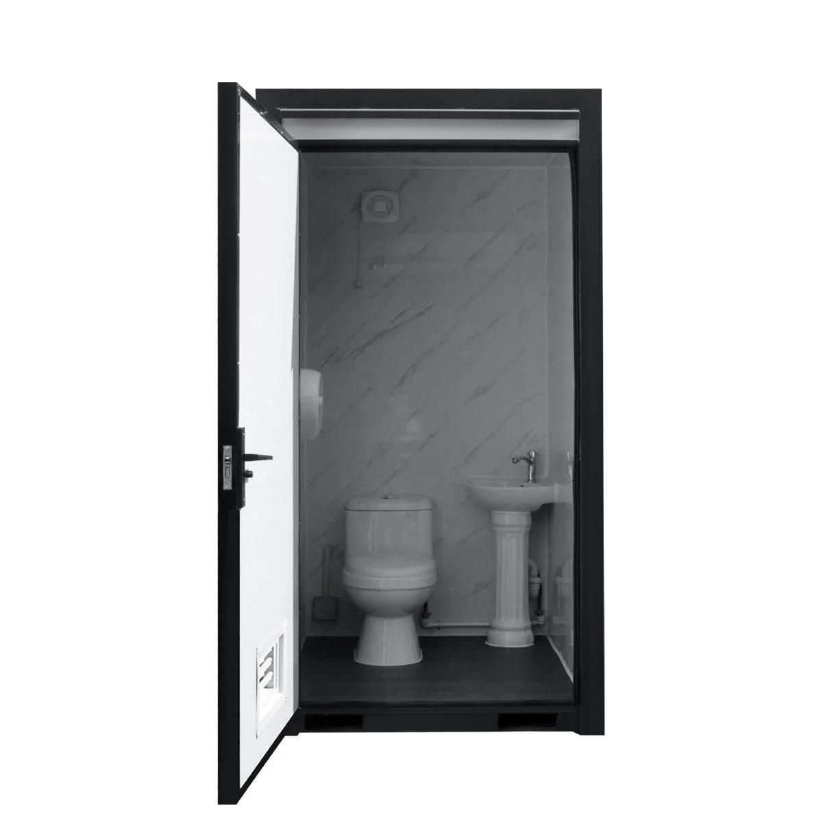 TMG Industrial 4’ Single Person Mobile Toilet, Ceramic Toilet, Triangular Wash Basin, Exhaust Fan, PVC Wood Grain Floor, TMG-STS04