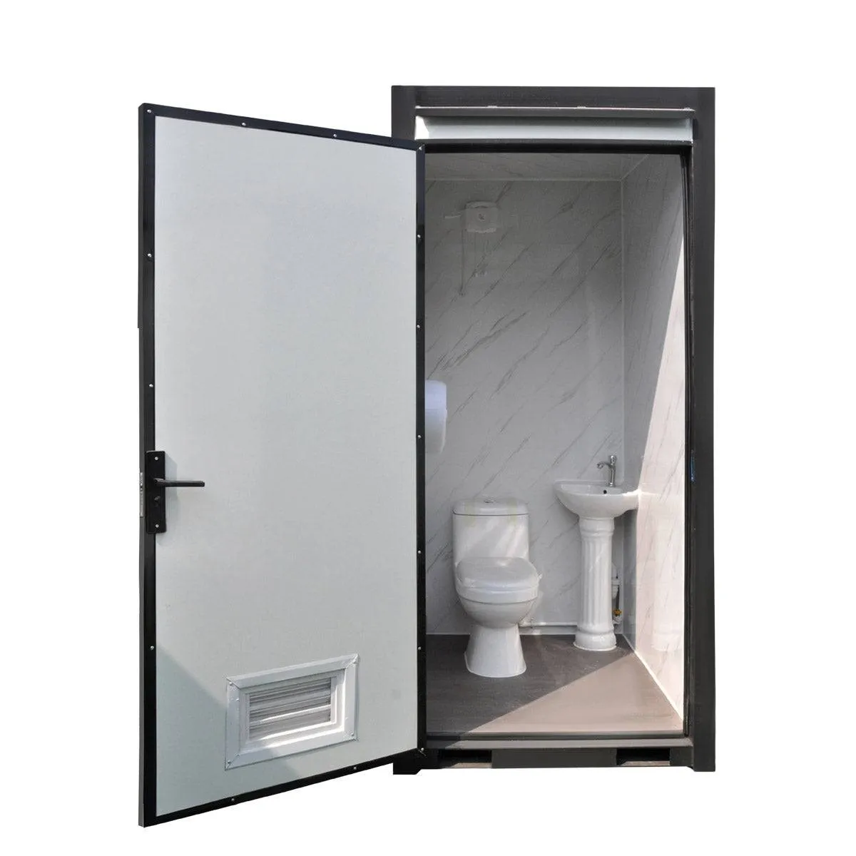 TMG Industrial 4’ Single Person Mobile Toilet, Ceramic Toilet, Triangular Wash Basin, Exhaust Fan, PVC Wood Grain Floor, TMG-STS04
