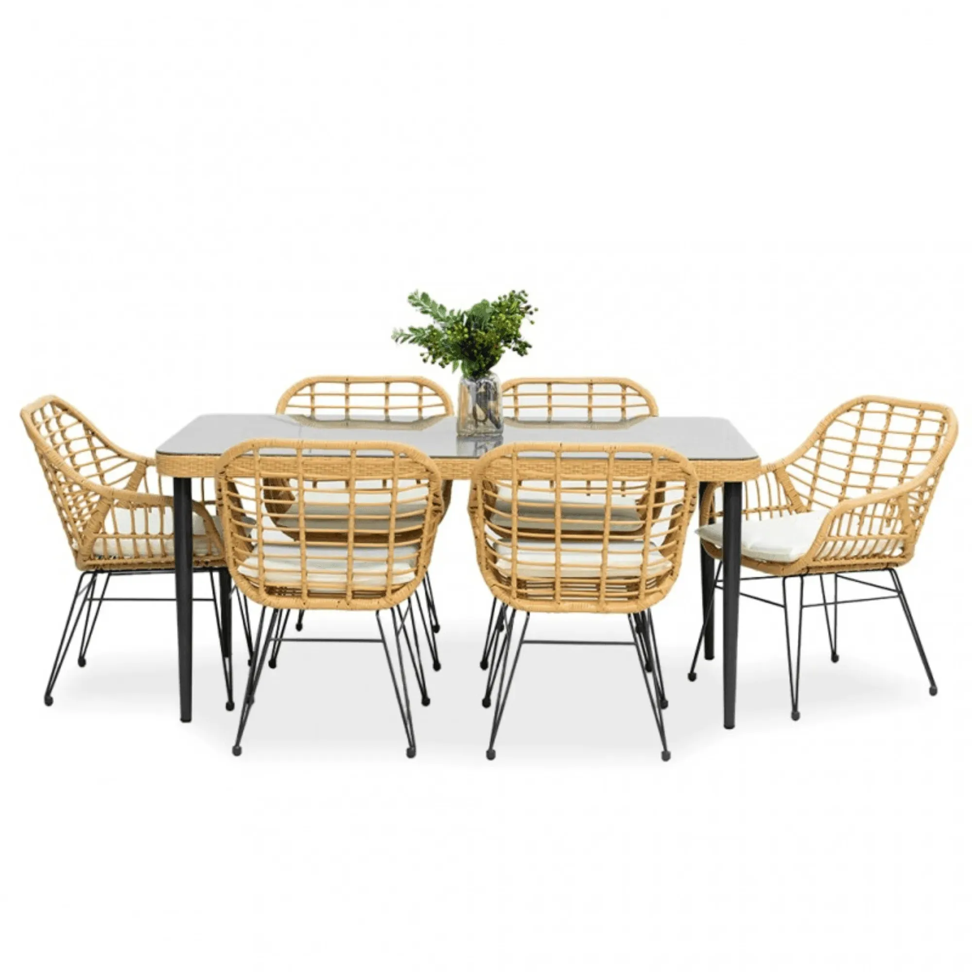 Wooden Twist Modern Bistro 6 Seater Rectangular Dining Table Set Elegant Garden Seating, Rattan & Steel, Outdoor Patio