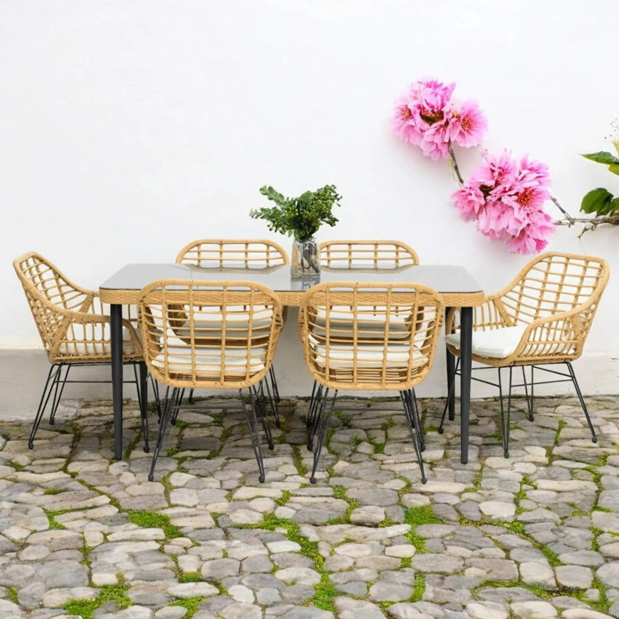 Wooden Twist Modern Bistro 6 Seater Rectangular Dining Table Set Elegant Garden Seating, Rattan & Steel, Outdoor Patio