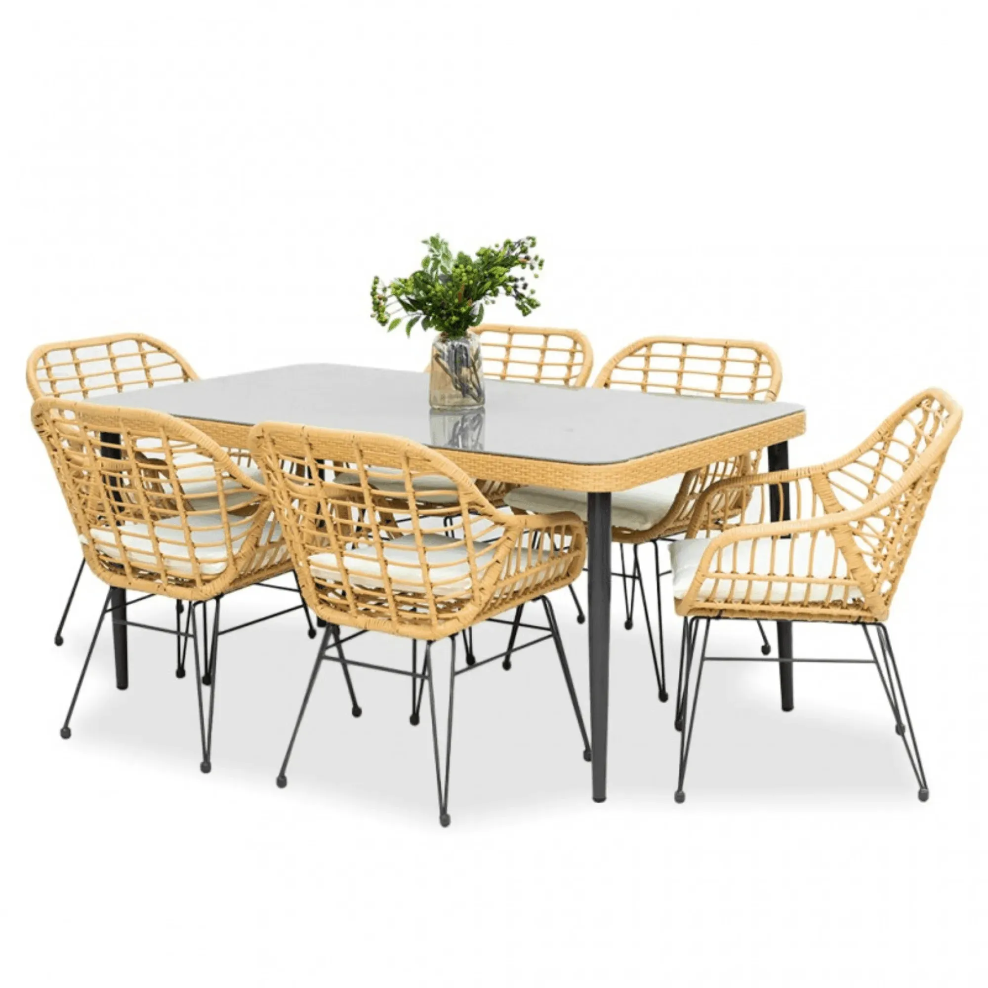 Wooden Twist Modern Bistro 6 Seater Rectangular Dining Table Set Elegant Garden Seating, Rattan & Steel, Outdoor Patio