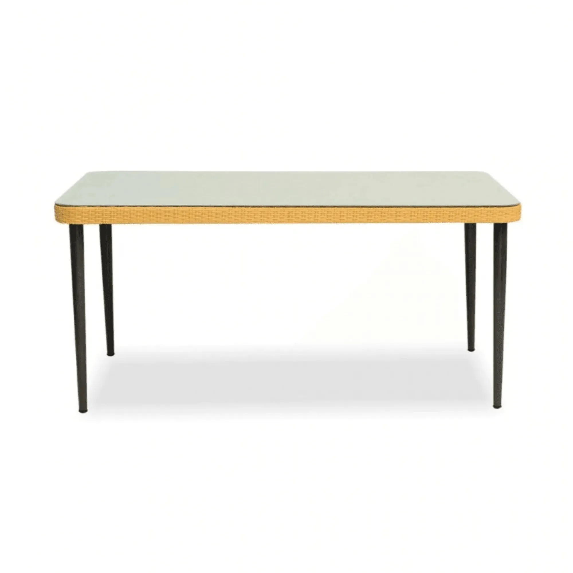 Wooden Twist Modern Bistro 6 Seater Rectangular Dining Table Set Elegant Garden Seating, Rattan & Steel, Outdoor Patio