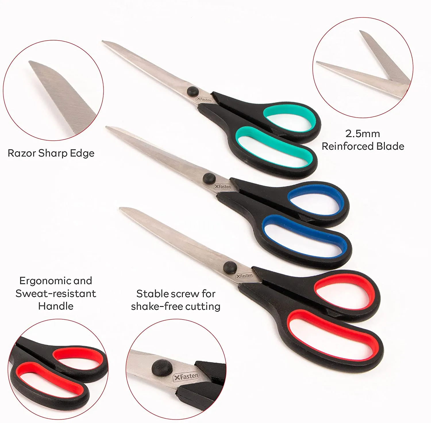 XFasten Premium Office and School Scissors | 8 Inches | Multicolor | Set of 3