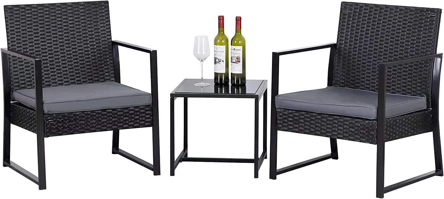 ZENY™ 3 Pieces Patio Furniture Set, Outdoor All Weather Wicker Conversation Set, Black
