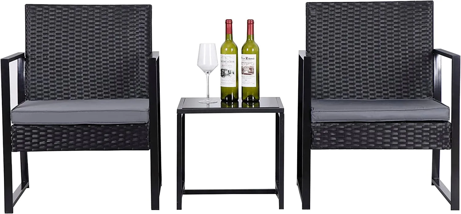 ZENY™ 3 Pieces Patio Furniture Set, Outdoor All Weather Wicker Conversation Set, Black